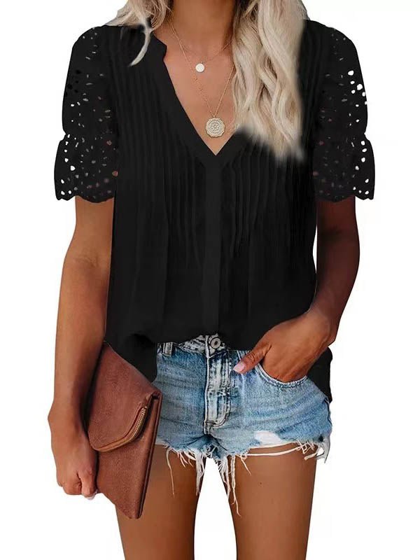 SOERA Beatrice V - Neck Lace Sleeve Top - Top - Black S