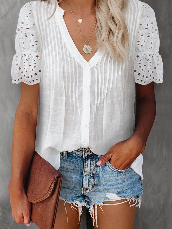 SOERA Beatrice V - Neck Lace Sleeve Top - Top - White S