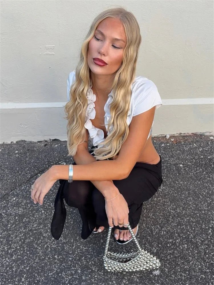 SOERA Bianca Ruffled Lace - Up Cropped Tank - Top - White S