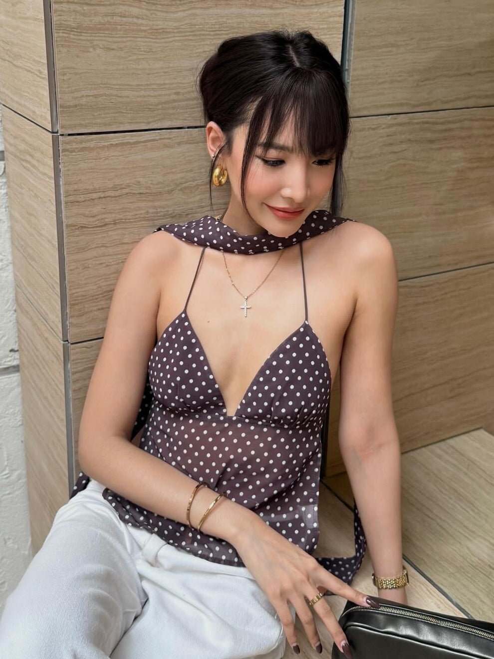 SOERA Araline Polka Dot Backless Top - Tops - Brown XS
