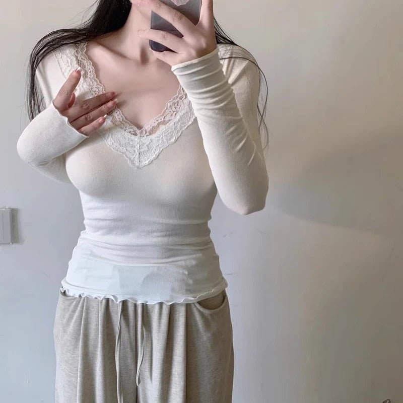 SOERA Aurora V - Neck Lace Top - Tops - 1005008474248113-;HW1764703454565267184 White L