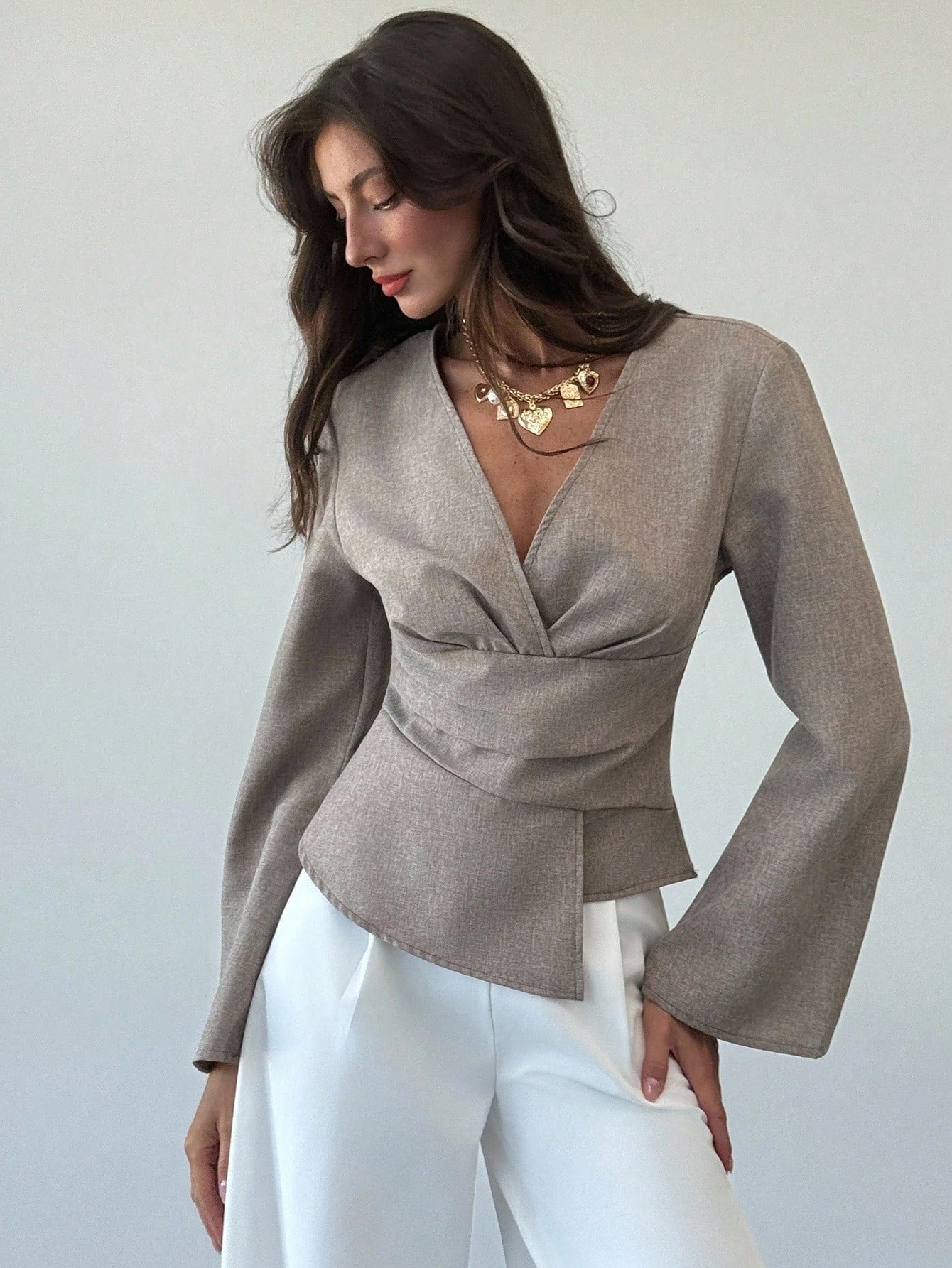 SOERA Chantelle Asymmetric Flare Sleeve Blouse - Tops - 1005010535439730-;iw1775118413246870651 Dark Grey S