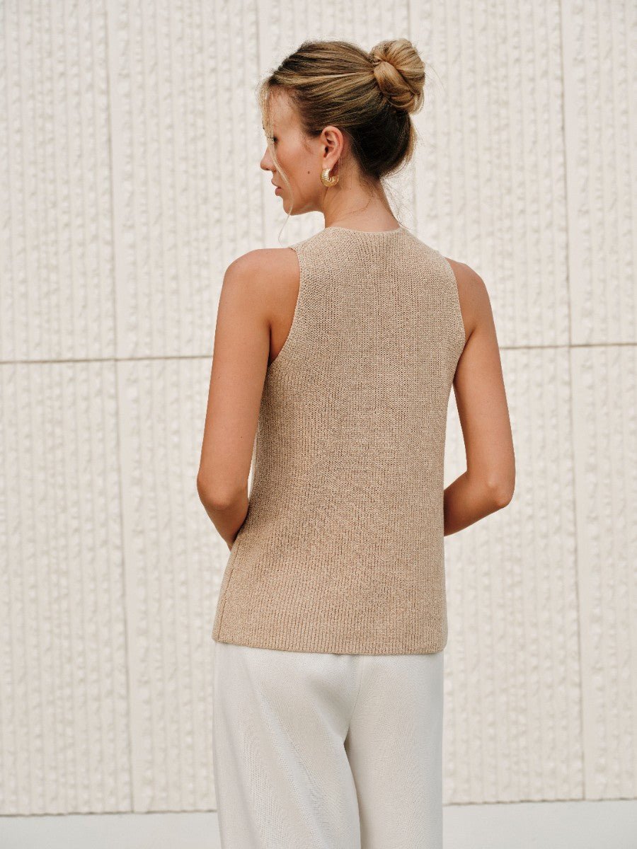 SOERA Ginny Halter Cross - Over Collar Tank Top - Tops - Khaki L