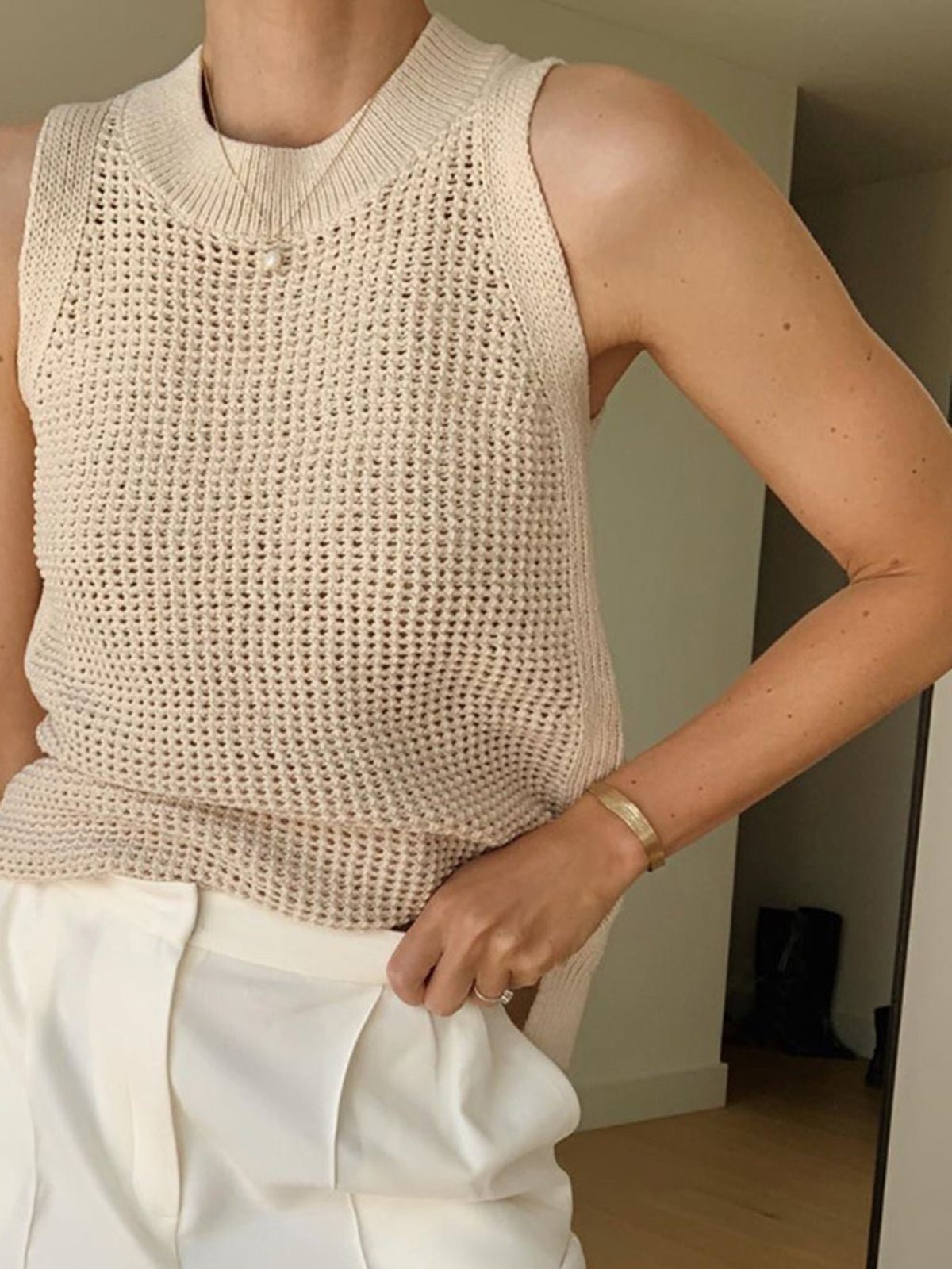 SOERA Jamilla Hollow Knit Tank Top - Tops - Beige S