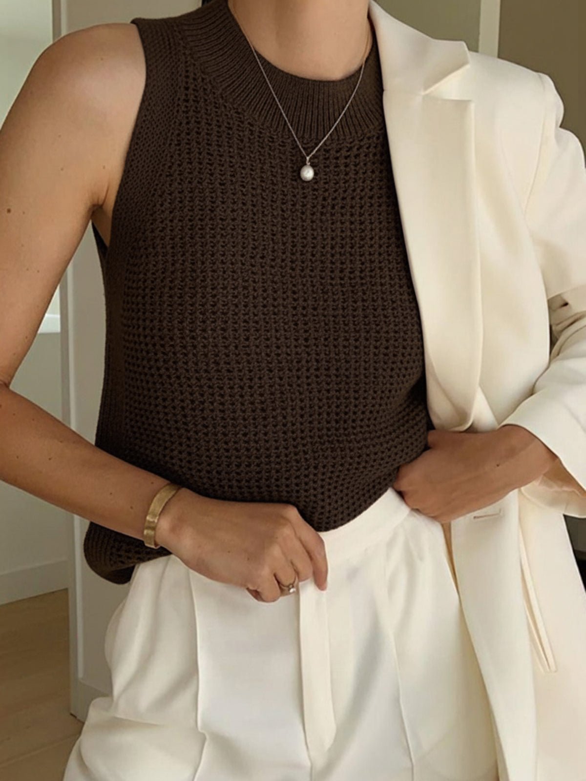 SOERA Jamilla Hollow Knit Tank Top - Tops - Dark Brown XS