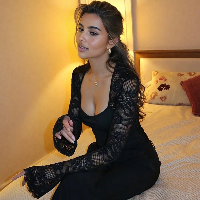 SOERA Nadine Lace Flare Sleeve Top - Tops - 3256809365044684-;YM1765284570059314368 Black M