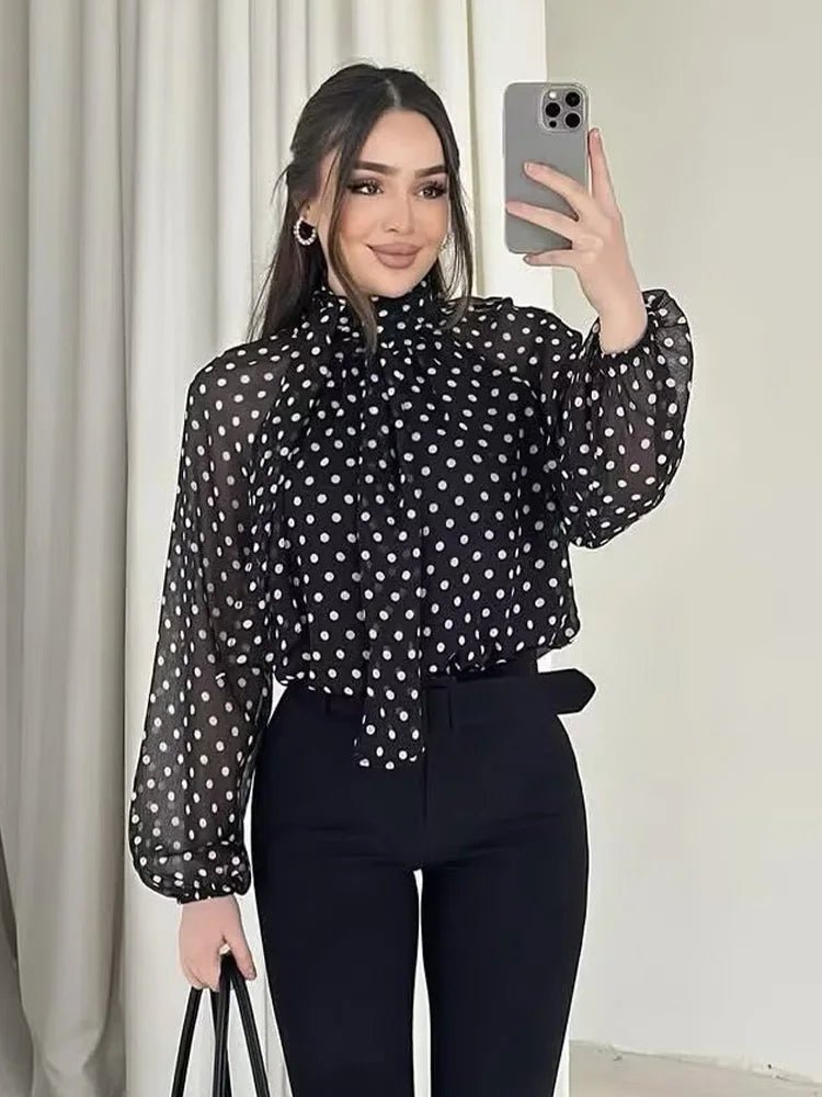 SOERA Sofia High Collar Polka Dot Blouse - Tops - White M