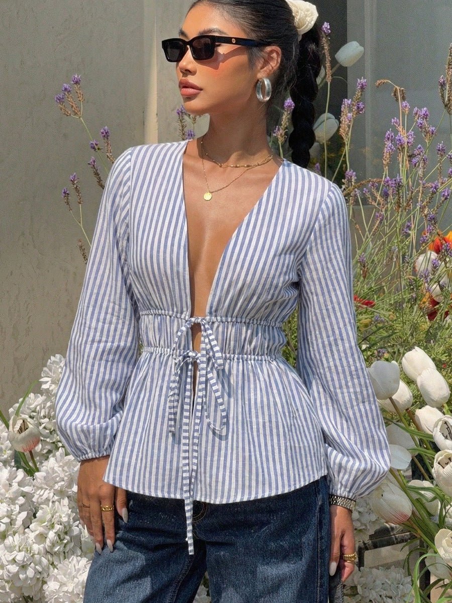 SOERA Yelena Striped Tie - Front Blouse - Tops - Blue L