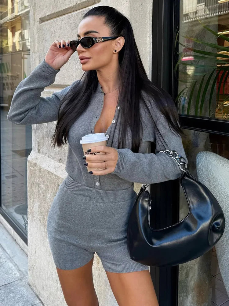 Knit 2 Piece Set with Ribbed Cardigan Top and High Waist Shorts, Stylish Women's Clothing