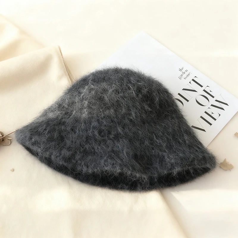 Angola Long Rabbit Fur Bucket Hat - Warm Winter Beanie for Women 5