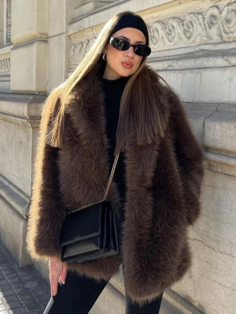Elegant Brown Faux Fur Long Jacket - Luxurious & Versatile Style for Any Occasion 1