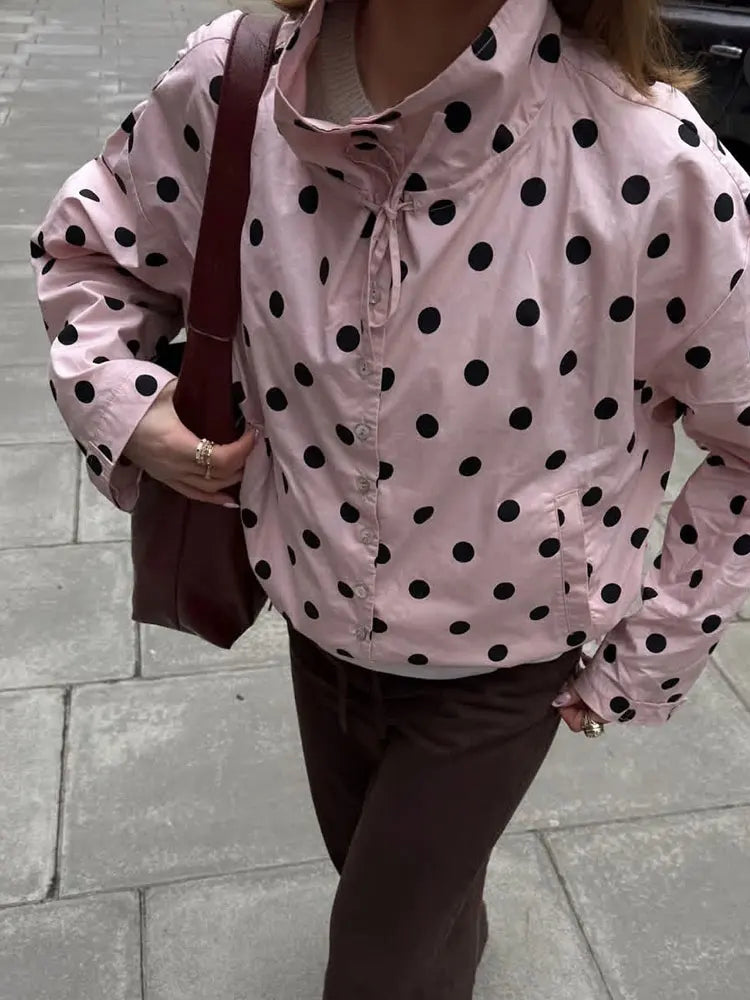 Elegant Pink Womens Jacket Polka Dot Drawstring Long Sleeve Casual Coat 0