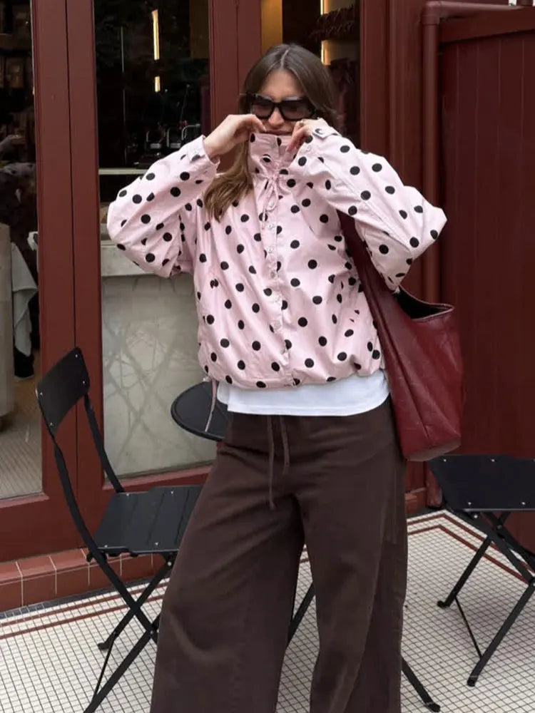 Elegant Pink Womens Jacket Polka Dot Drawstring Long Sleeve Casual Coat 2