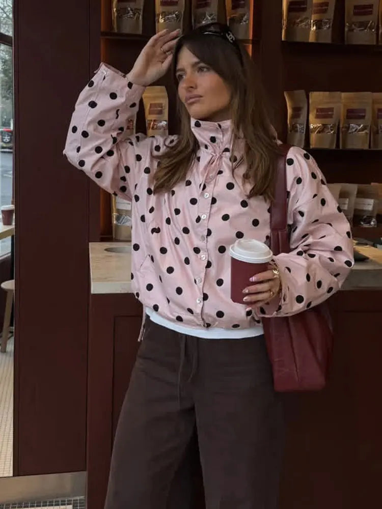 Elegant Pink Womens Jacket Polka Dot Drawstring Long Sleeve Casual Coat 3