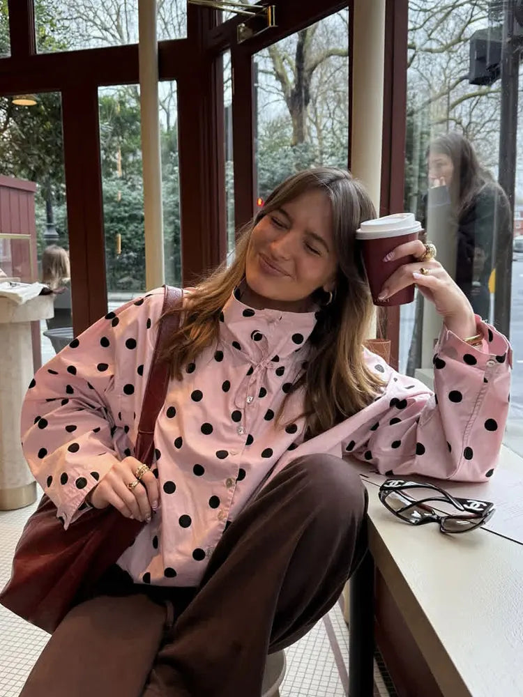 Elegant Pink Womens Jacket Polka Dot Drawstring Long Sleeve Casual Coat 4