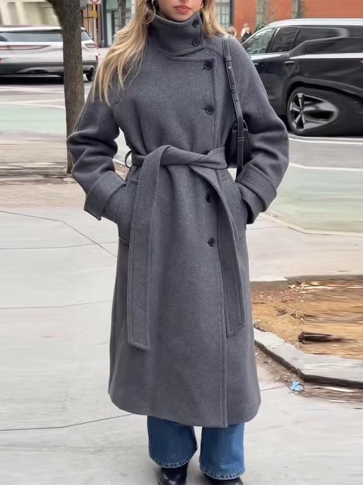 Feline Long Belted High Collar Womens Coat - Stylish Winter Outerwear 3