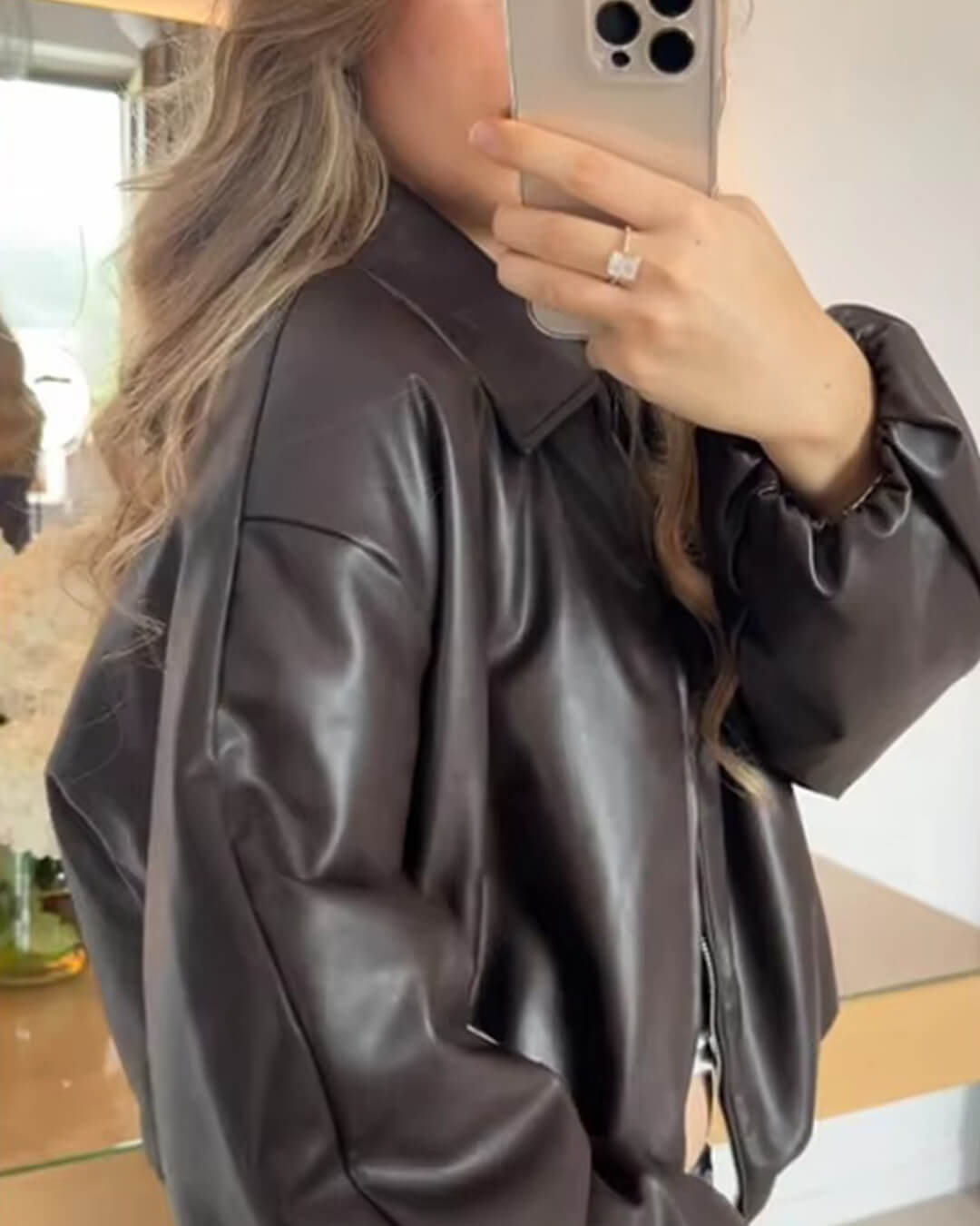 Genny Women's Leather Bomber Jacket - Stylish Autumn Aviator Jacket with Lapels and Long Sleeves 5