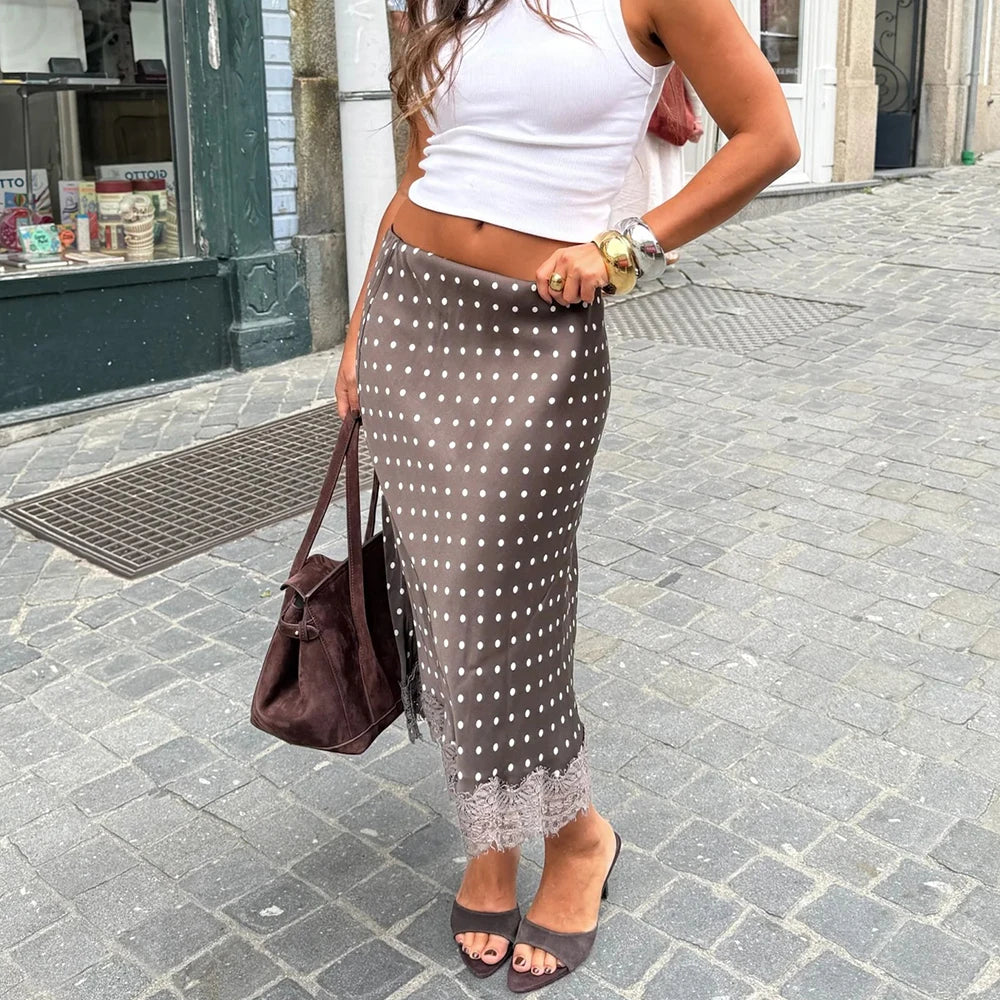 Retro Dots Print Casual Lace Midi Skirt for Women - Slim High Waist Elegant Patchwork Skirts 2