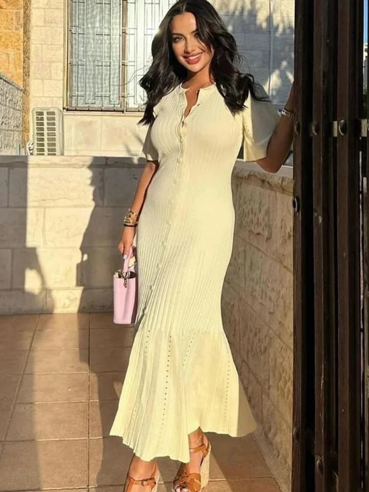 Bianca Bell Sleeve Pleated Knit Midi Dress