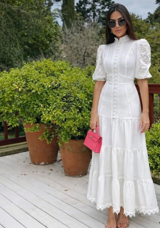 Isabelle Eyelet Lace Puff Sleeves Midi Dress