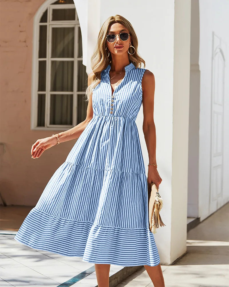 Bianca Striped V-Neck Sleeveless Shirt Dress