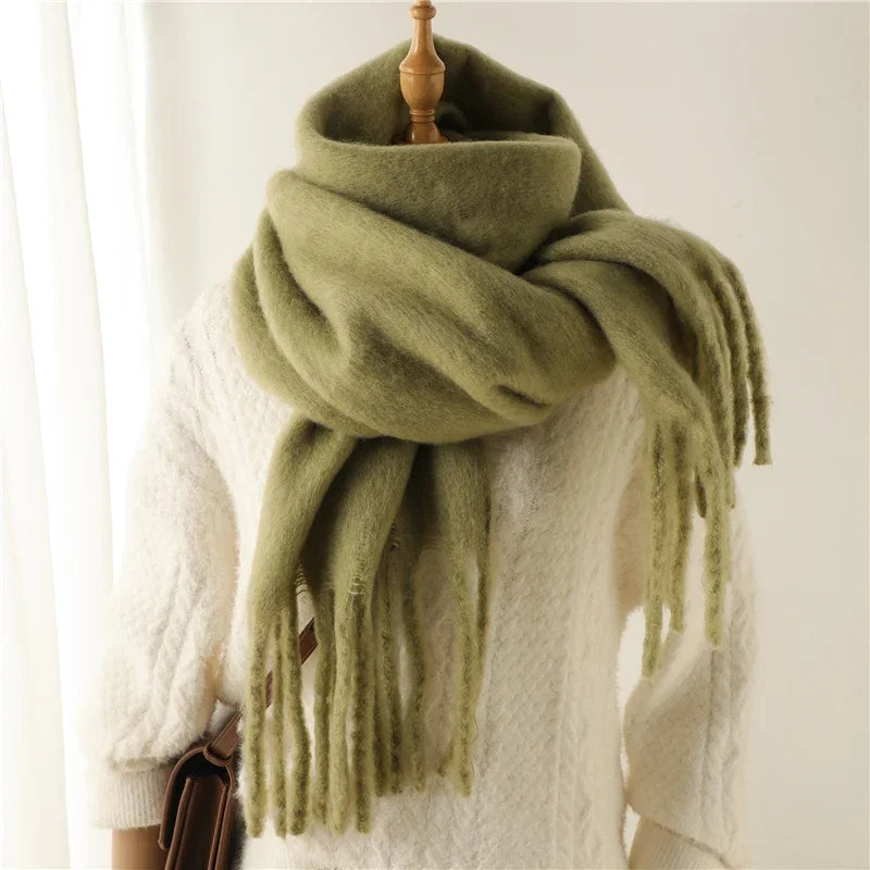 Thick Women's Winter Scarf - Soft Solid Pashmina Wrap with Tassels 11