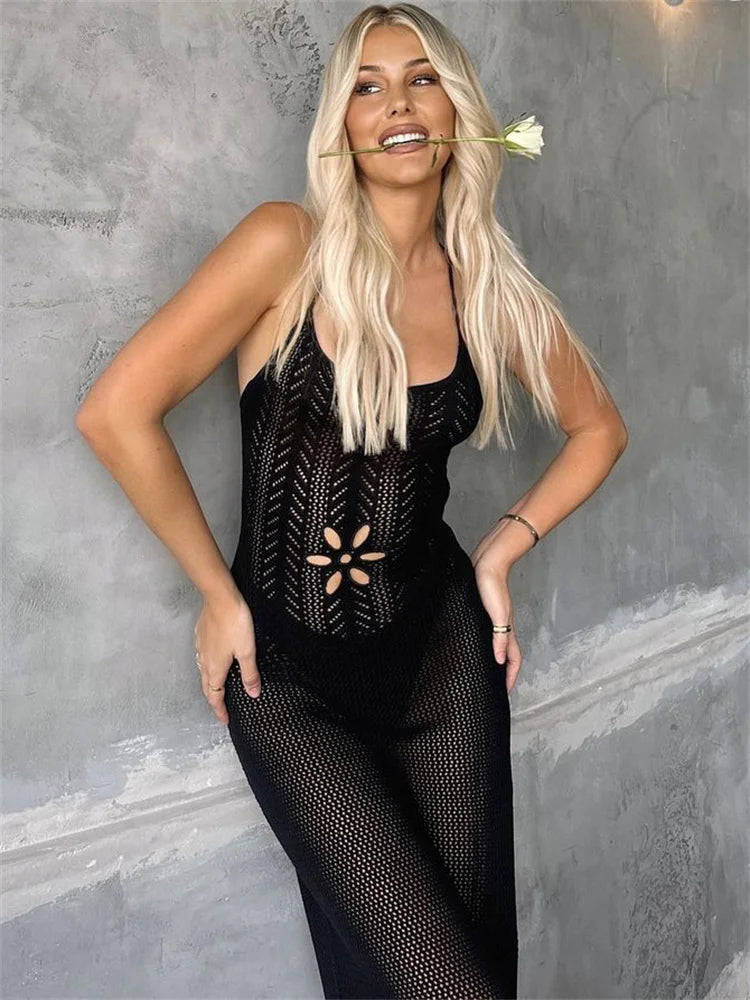 Tossy Women's Summer Maxi Dress - White Hollow Out Backless Knit Bandage Dress for Beach Holidays 6