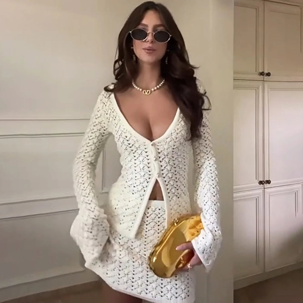 Tuularose Summer Knitted Blouse Suit Women's Sexy Cardigan Top Slim Short Skirt Bikini Suit Beach Vacation Dress Matching Sets 3