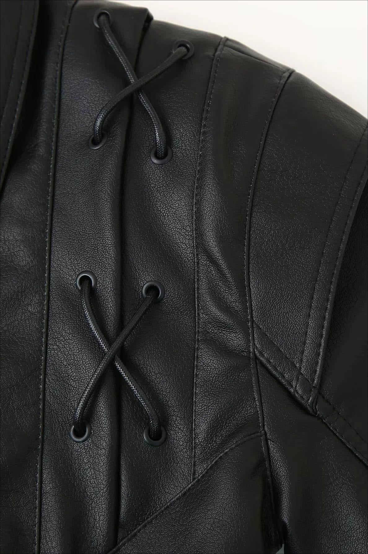 Vintage Faux Leather Jacket for Women - Regular Fit with Belt & Long Sleeves 4