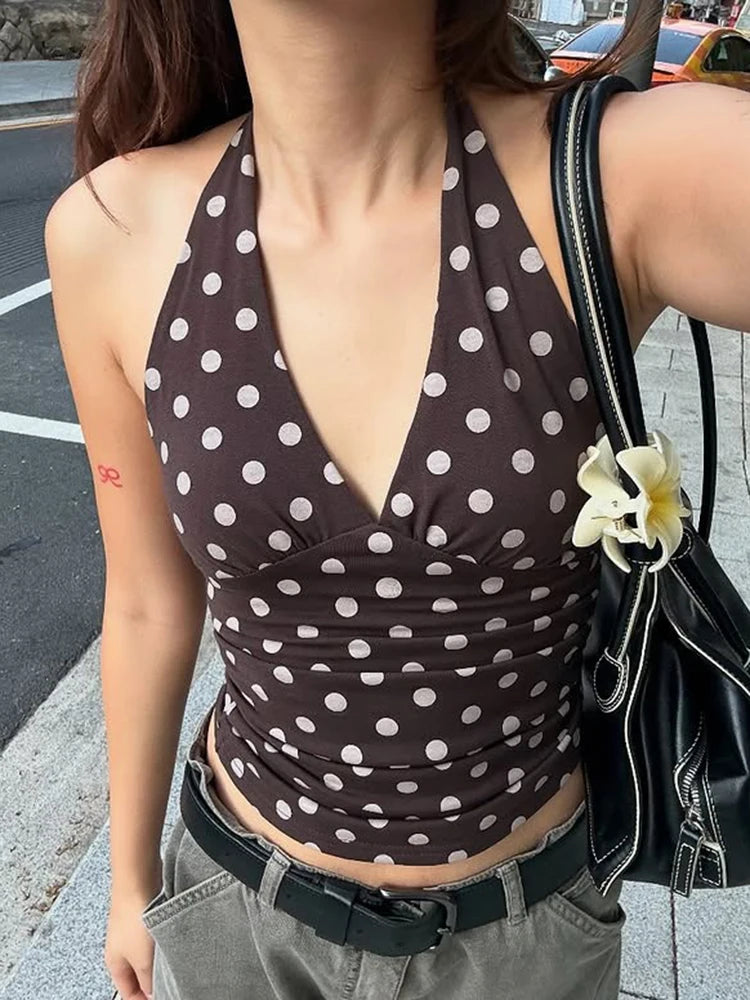 Weird Puss Women's Tank Top - Polka Dot Print Halter Backless Y2K Chic Summer Vest 0
