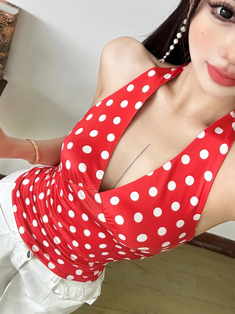 Weird Puss Women's Tank Top - Polka Dot Print Halter Backless Y2K Chic Summer Vest 7