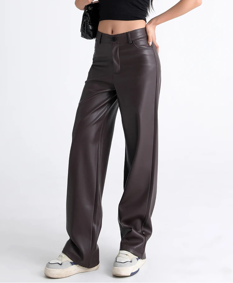 Women's High Waist Fleece Lined PU Leather Wide Leg Pants - Stylish Comfort 2
