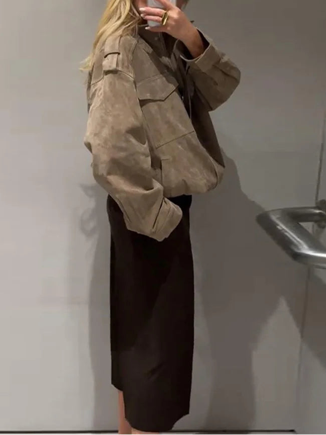 Women's Khaki Suede Jacket - Vintage Loose Coat with Zipper, Lapel Collar & Pockets for Spring Autumn Fashion 3