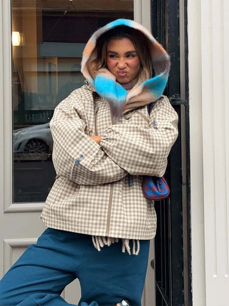 Women's Plaid Hooded Jacket - Casual Long Sleeve Zipper Coat with Drawstring Waist for Daily Wear 0