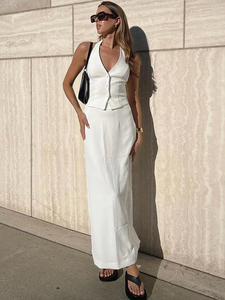 Women's White Summer Dress Two-Piece Set - Stylish Hanging Neck Vest & Slim Long Skirt for Casual Fashion 2