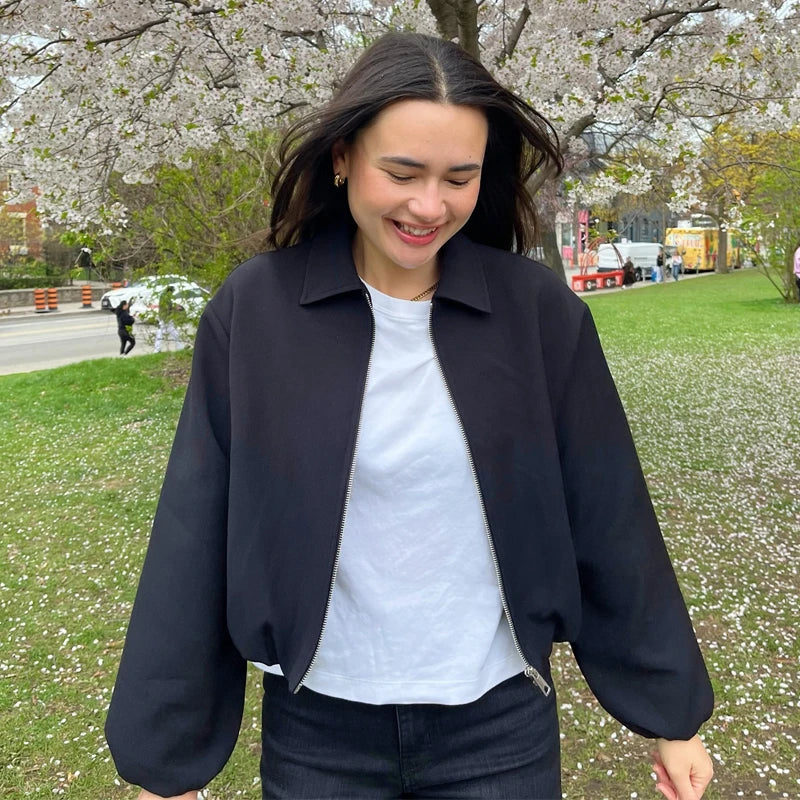 Womens Puffed Bomber Jacket - Cropped Zip Varsity Jacket for Casual Wear 4