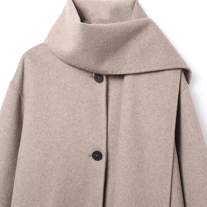 Wool Coat for Women - Vintage Long Sleeve Winter Coat with Scarf Decoration 5