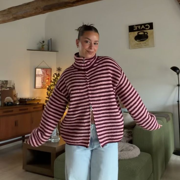 Valerie High Neck Zip-Up Cardigan in Red Stripes
