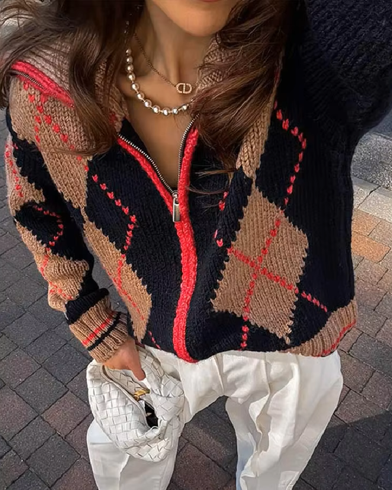 SOERA Melissa Argyle High Ribbed Neck Zip-Up Knit Cardigan