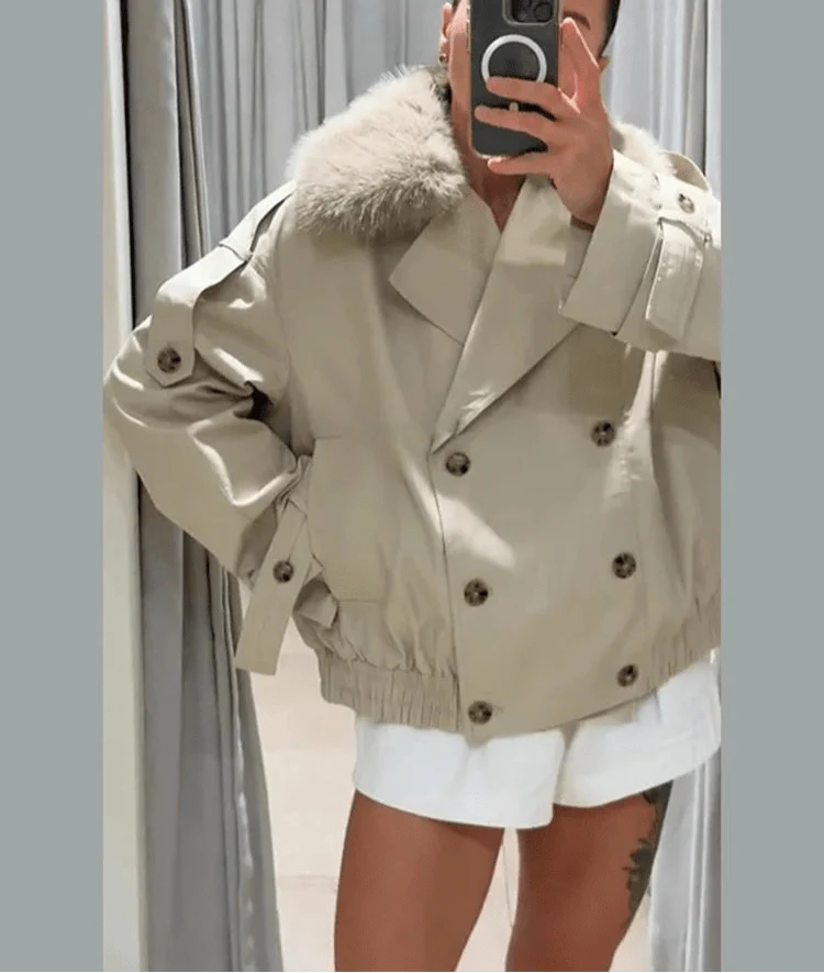SEAME - Camille Trench Coat with removable Faux Fur Collar Creme XS