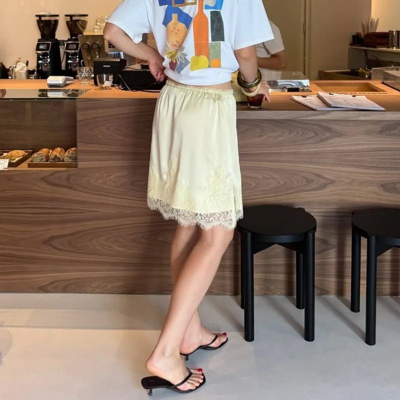 SOERA Saskia Lace Patchwork Satin Mini Skirt - Bottoms -  Yellow S