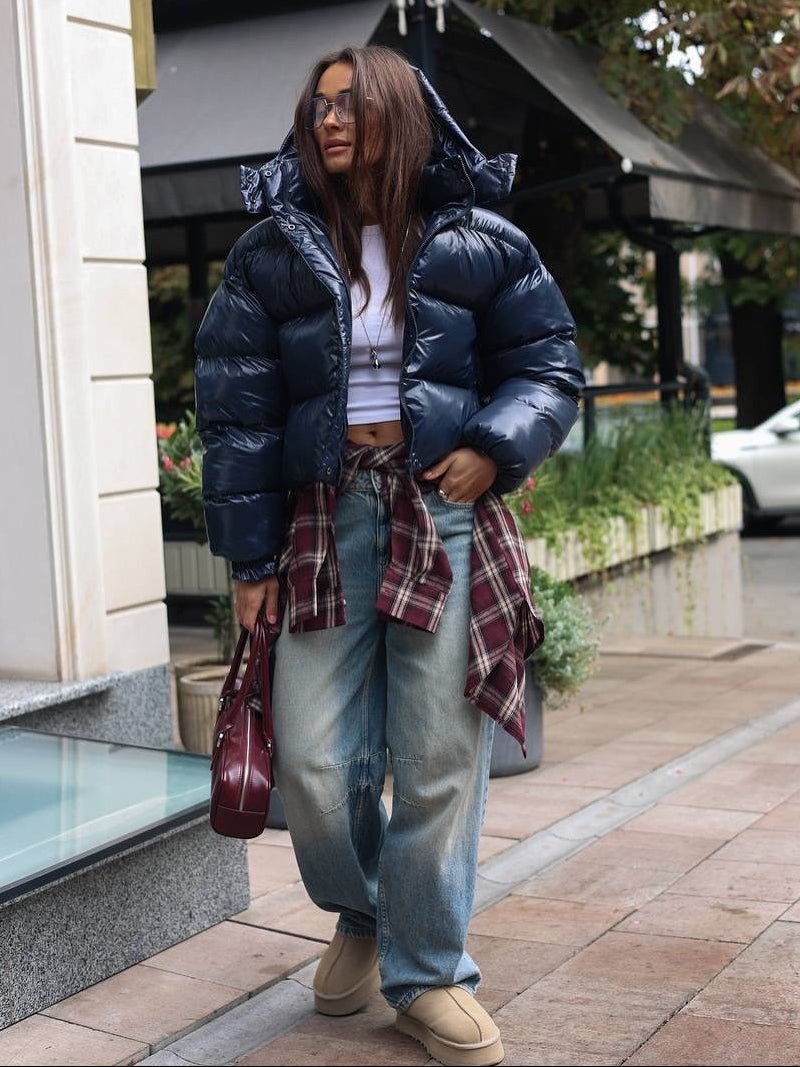 SOERA Gina Hooded Glossy Puffer Jacket - Coat - SOERA-121795-NAV-S-09635 Navy Blue S