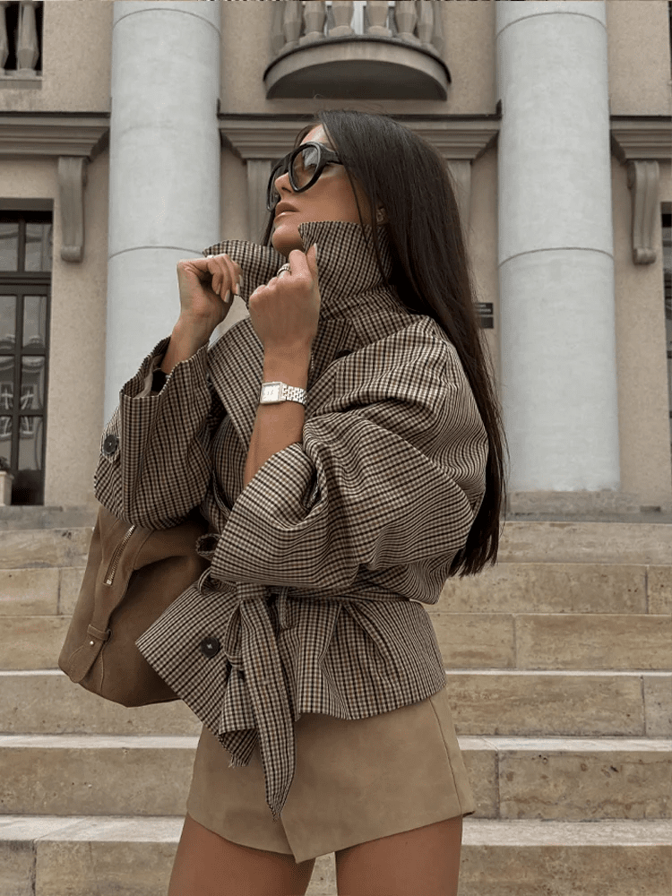 Manteau Jasmin à col entonnoir à carreaux