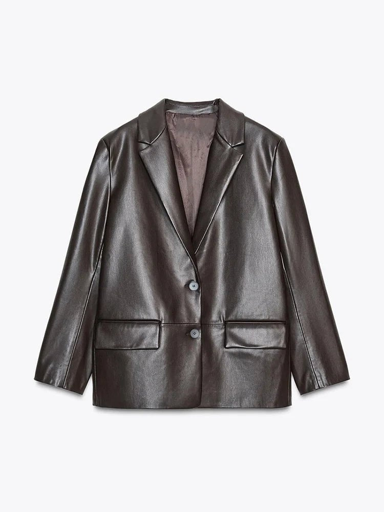 SOERA Ryza Vegan Leather Blazer - Coats & Jackets - 3256809675810968-;dM1757549903793709741 Dark Brown S