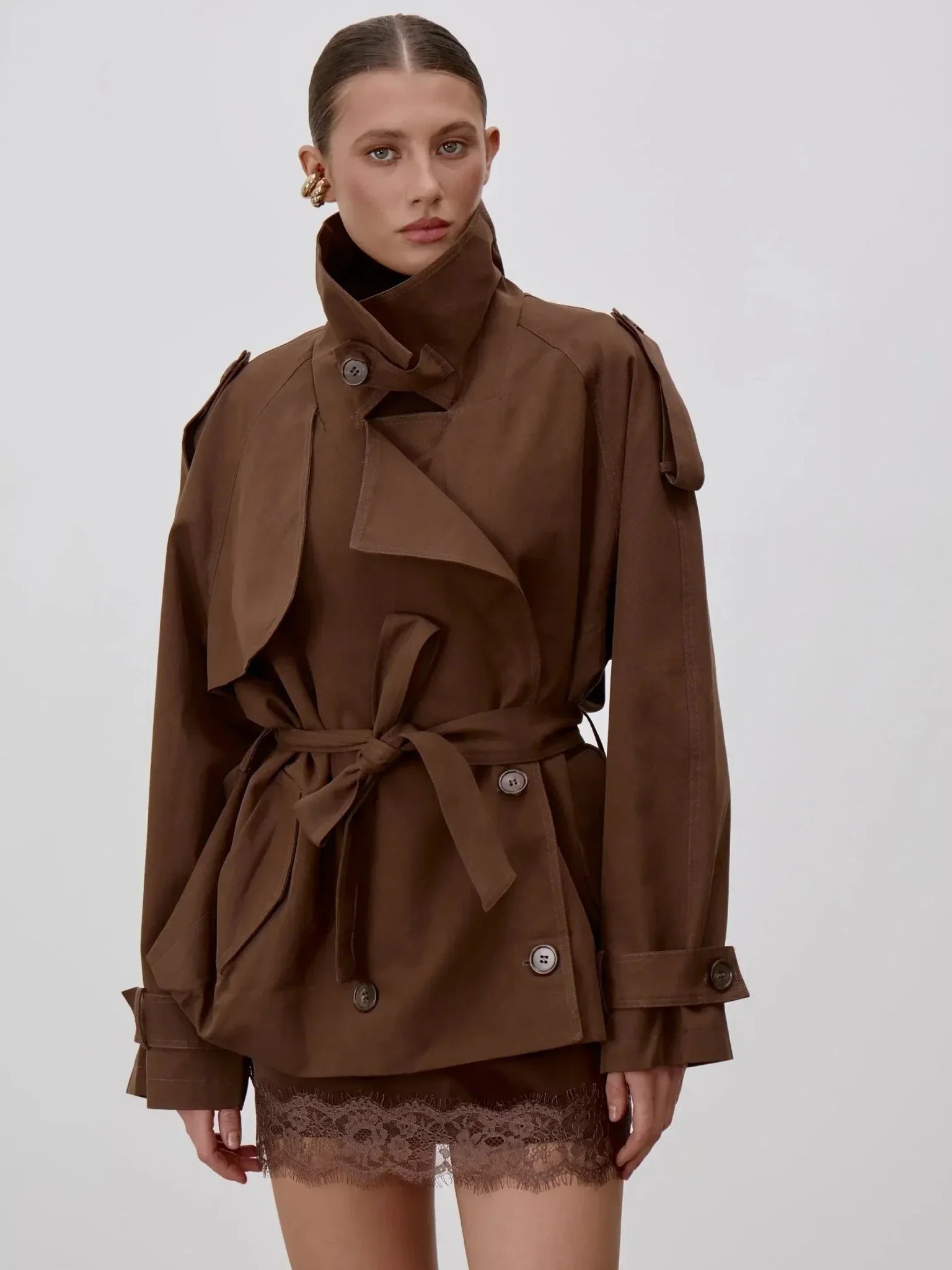 SOERA Sonia Lace Up Stand Collar Trenchcoat - Coats & Jackets -  Dark Brown M