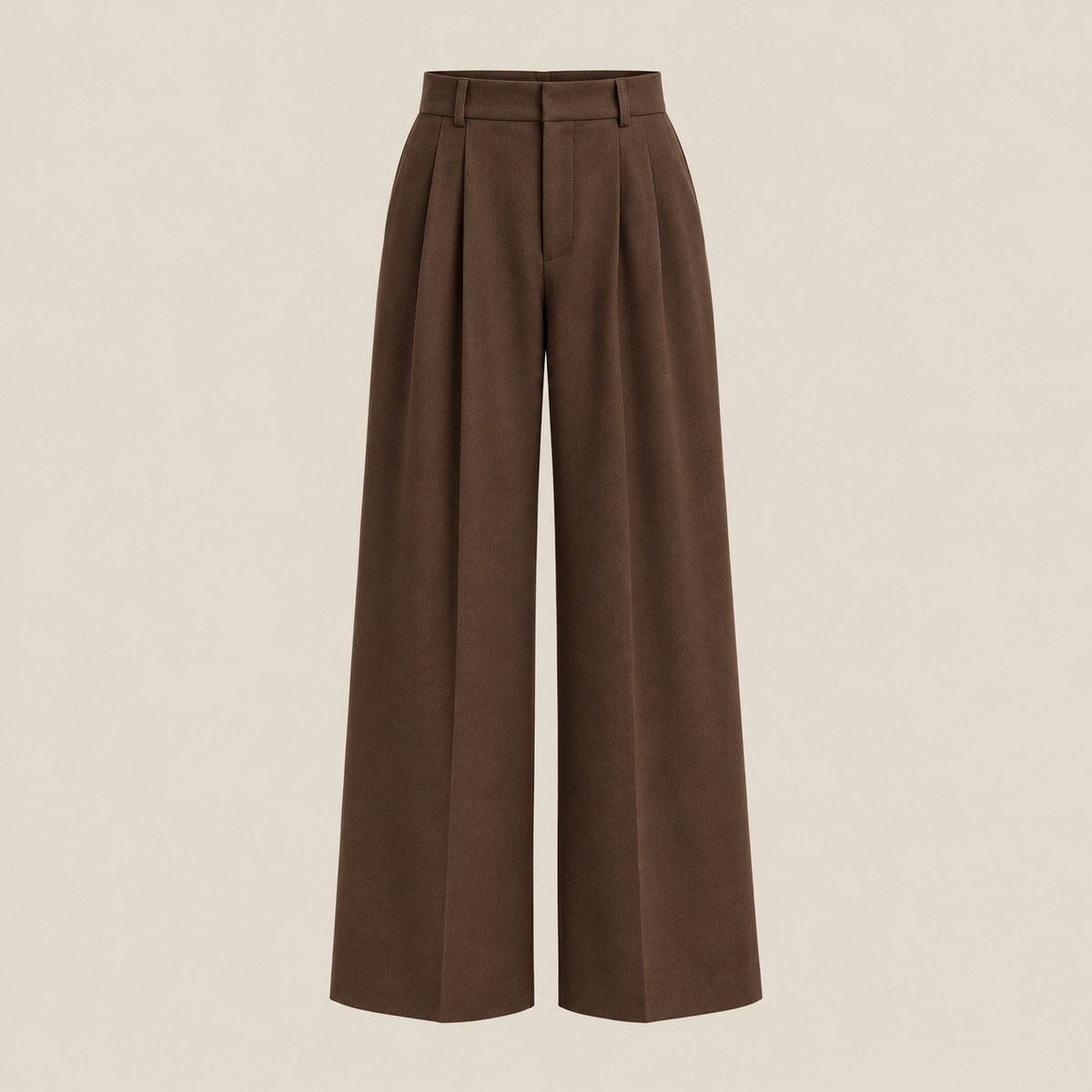 Brown tailored wide-leg trousers on a warm beige background