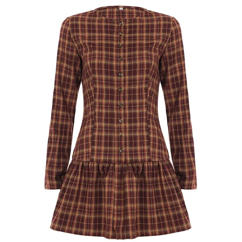 SOERA Amelia Long Sleeve Plaid Mini Dress - Dress - SOERA-545603-RED-L-01955 Burgundy L