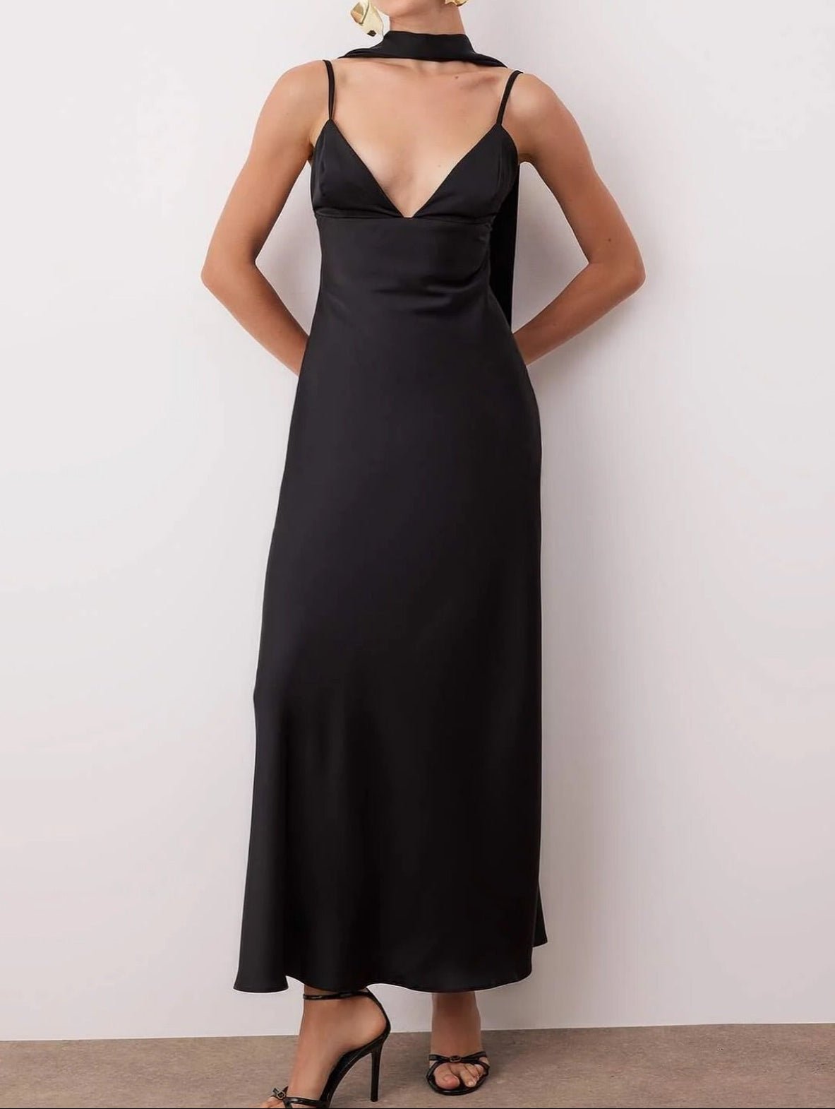 SOERA Astraea Satin Maxi Dress with Scarf - Dress -  Black XS