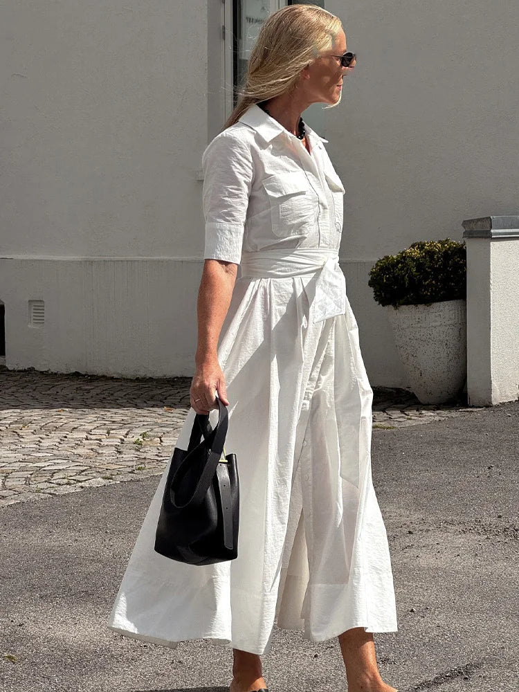 SOERA Beatrice Belted Shirt Midi Dress - Dress -  White L