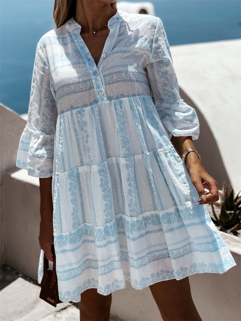SOERA Beatrice Ruffle Boho Striped Mini Dress - Dress -  Blue M